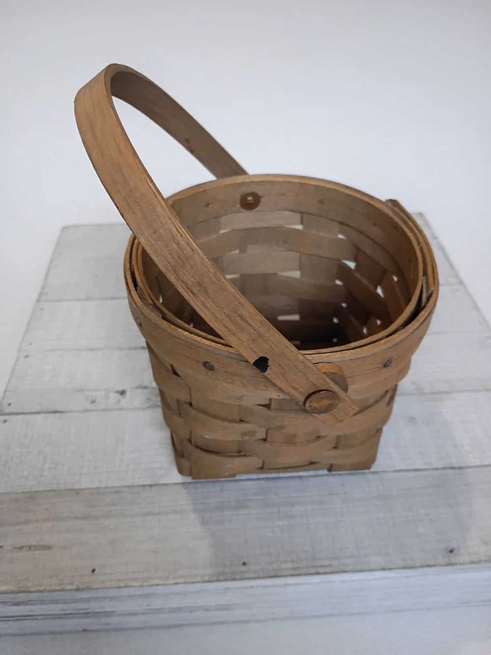 Vintage 1985 Longaberger 5 Inch Measuring Round Basket Swing Handle Signed NSP